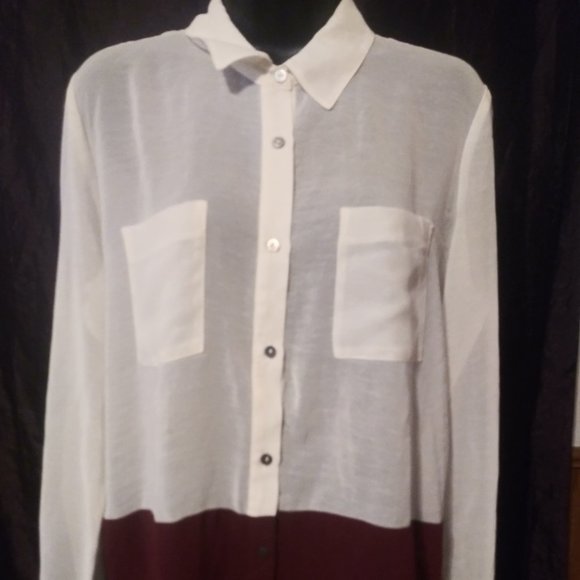 Cream and Burgundy Transparent Button Up Blouse - Picture 1 of 4
